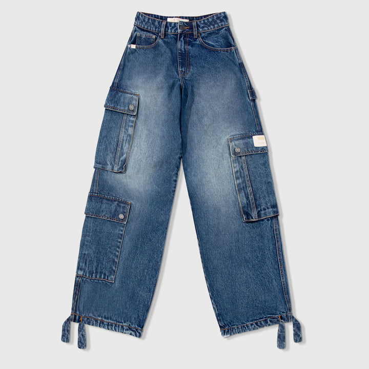 Cargo Multi-Pocket Denim Pants - Deep Blue