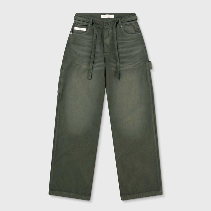Dirty-Wash Wide-Leg Pants - Military Green