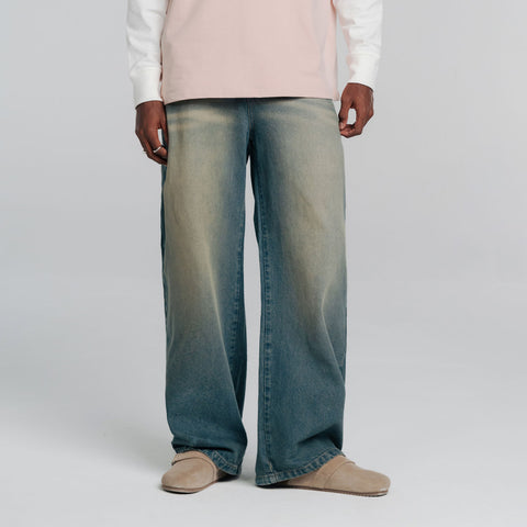 Dirty-Wash Wide-Leg Jeans - Dark Blue
