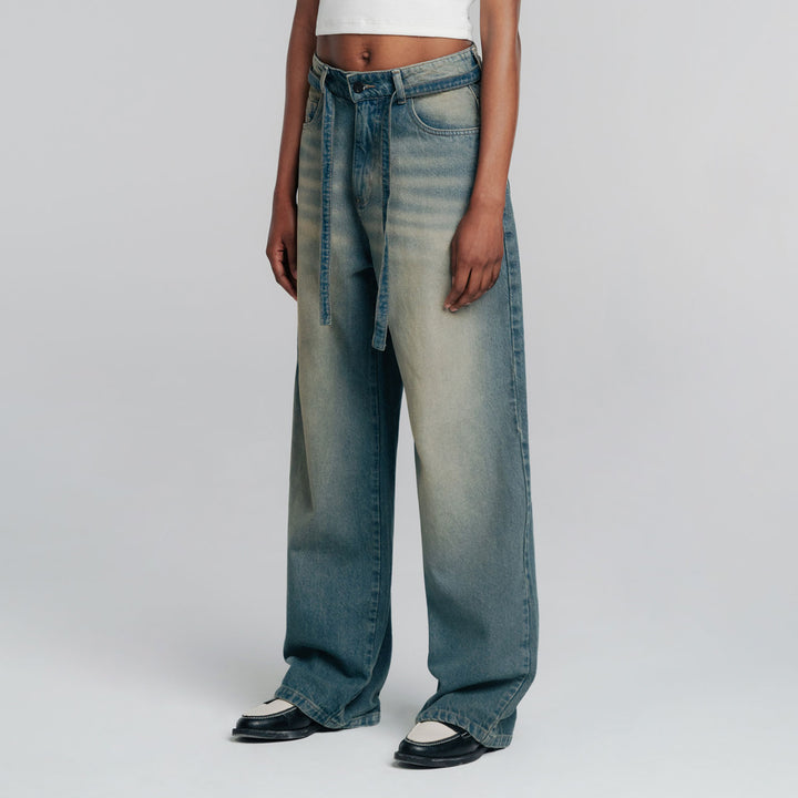 Dirty-Wash Wide-Leg Jeans - Dark Blue