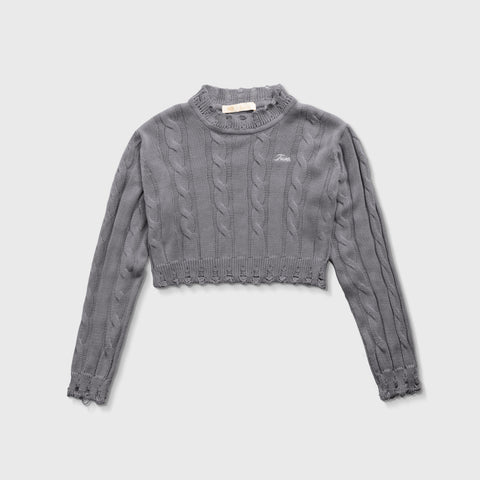 Distressed Knit Crop Sweater - Gray