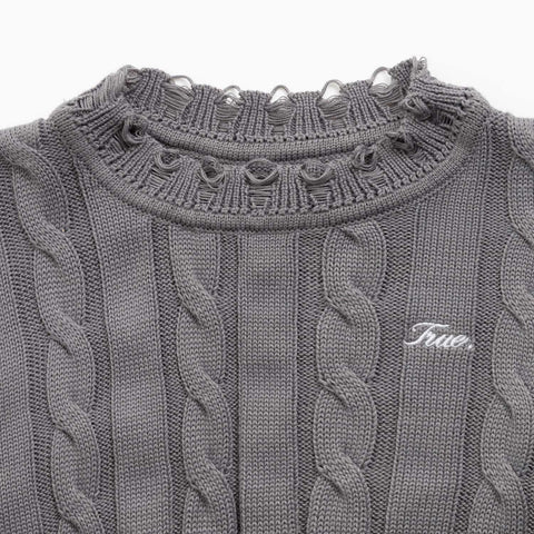 Distressed Knit Crop Sweater - Gray