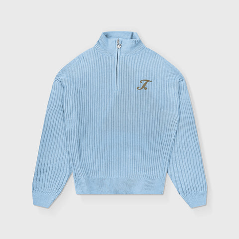 Distressed Zip Knit Sweater - Light Blue