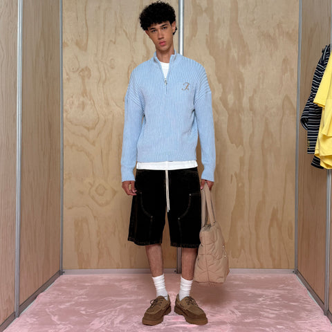 Distressed Zip Knit Sweater - Light Blue