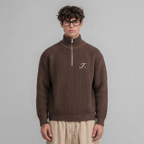 Distressed Zip Knit Sweater - Brown