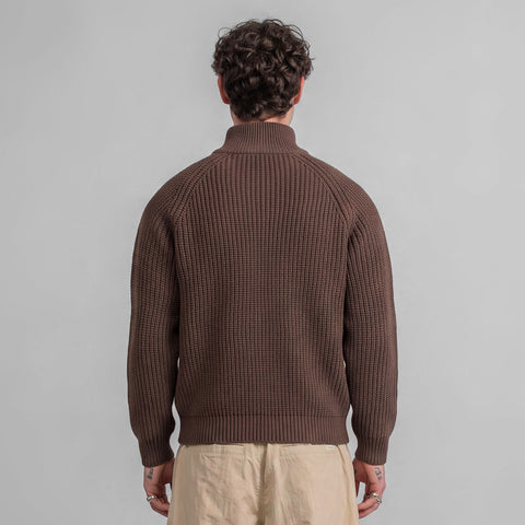 Distressed Zip Knit Sweater - Brown