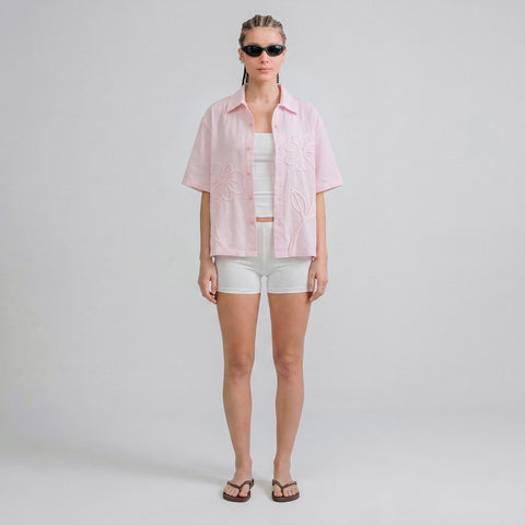Embroidered Flower Boxy Shirt - Pink