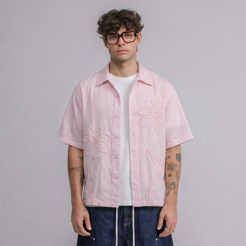 Embroidered Flower Boxy Shirt - Pink