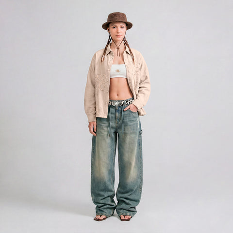 Embroidered LS Boxy Shirt - Sand