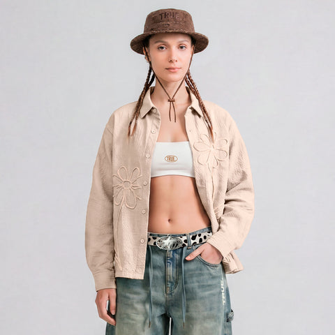 Embroidered LS Boxy Shirt - Sand