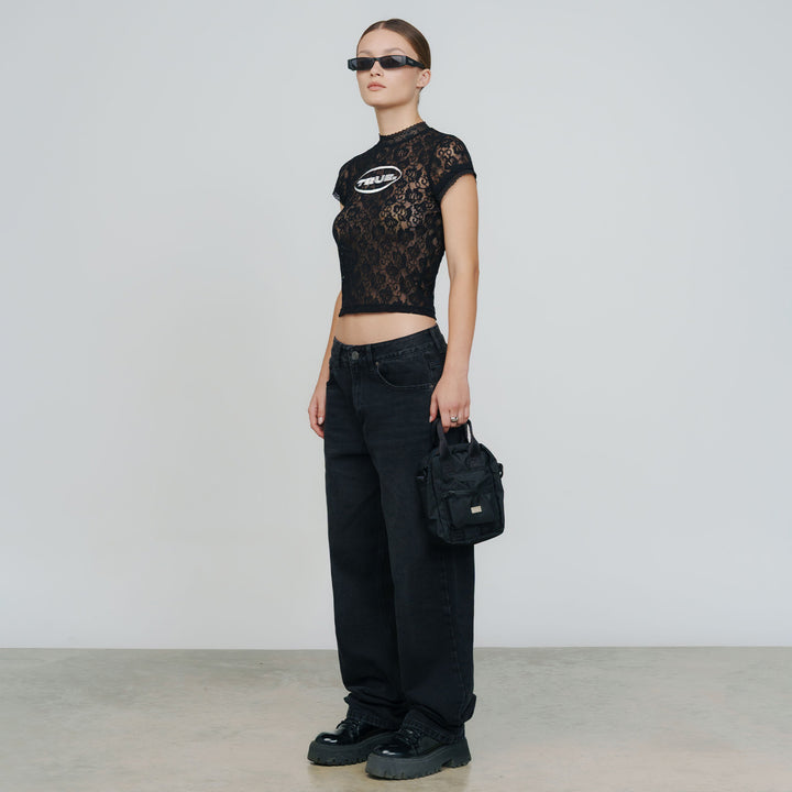 Floral Lace Baby Tee - Black