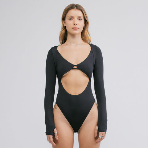 High-Leg Cut-Out LS Bodysuit - Black