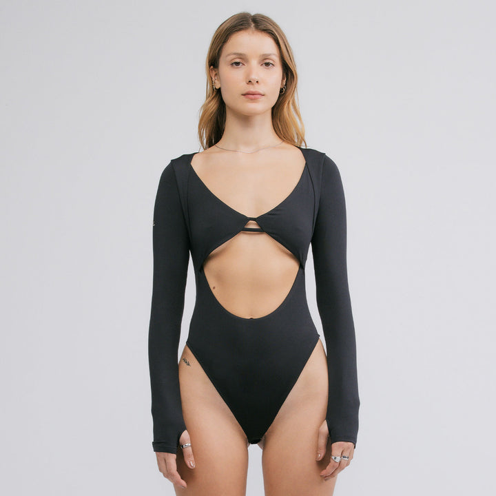 High-Leg Cut-Out LS Bodysuit - Black
