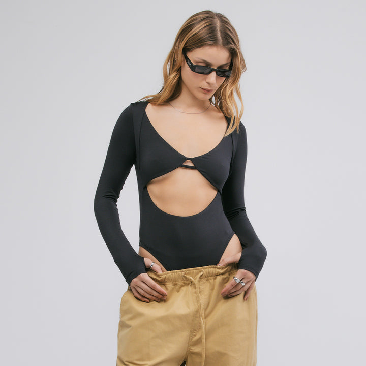 High-Leg Cut-Out LS Bodysuit - Black