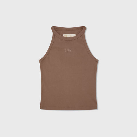 High Neck Ribbed Top - Brown