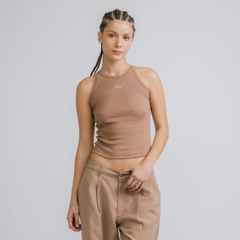High Neck Ribbed Top - Brown