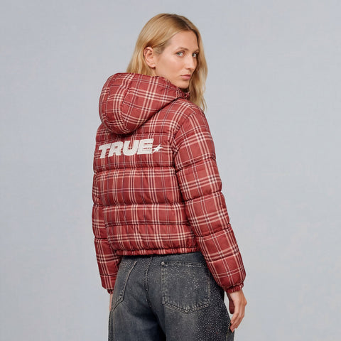 Intuition Plaid Puffer Jacket - Burgundy