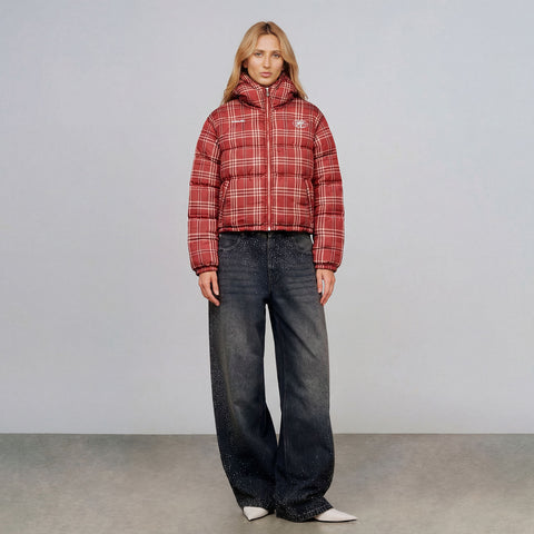 Intuition Plaid Puffer Jacket - Burgundy