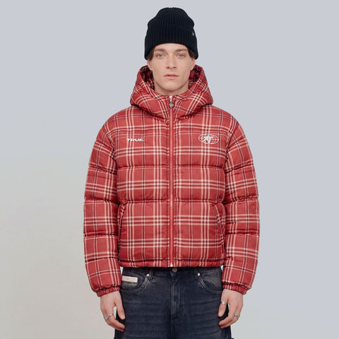 Intuition Plaid Puffer Jacket - Burgundy