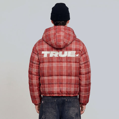 Intuition Plaid Puffer Jacket - Burgundy