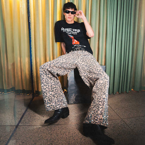 Leopard Wide Leg Jeans - Camel