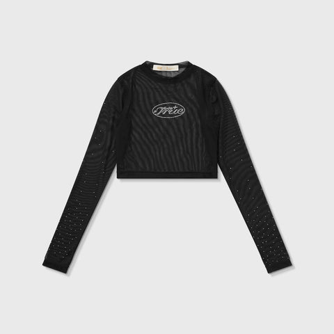 Mesh Rhinestone LS Crop Top - Black