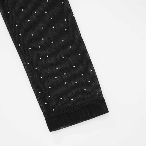 Mesh Rhinestone LS Crop Top - Black