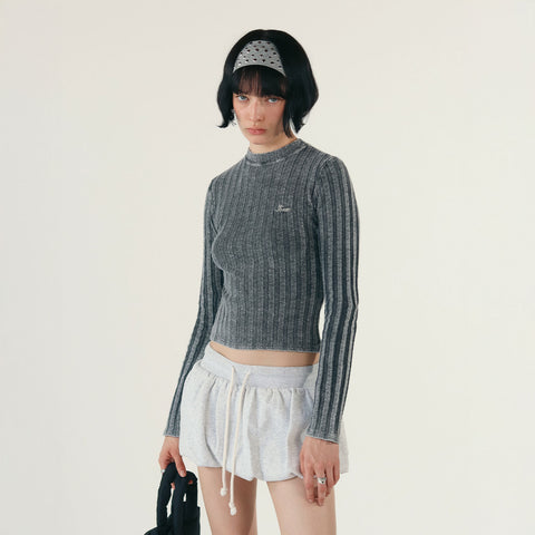 Ribbed Knit Slim LS Top - Washed Black
