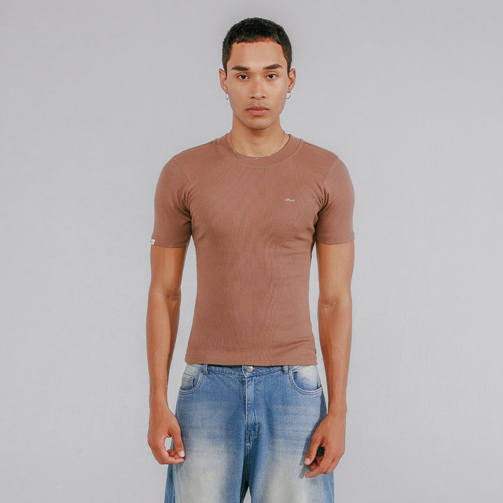 Ribbed Fitted Tee - Brown