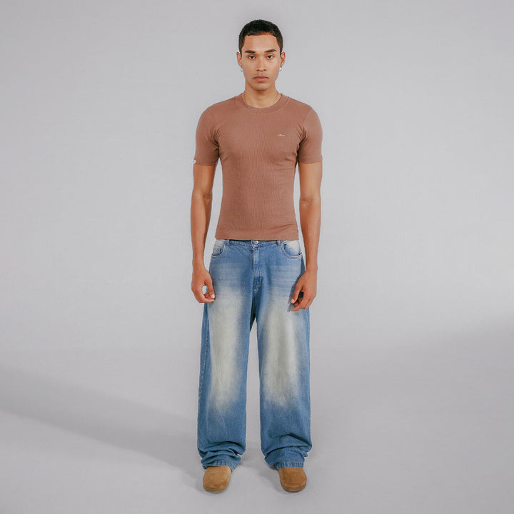 Ribbed Fitted Tee - Brown