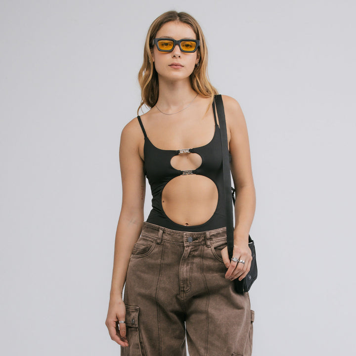 String Cut-Out Bodysuit - Black